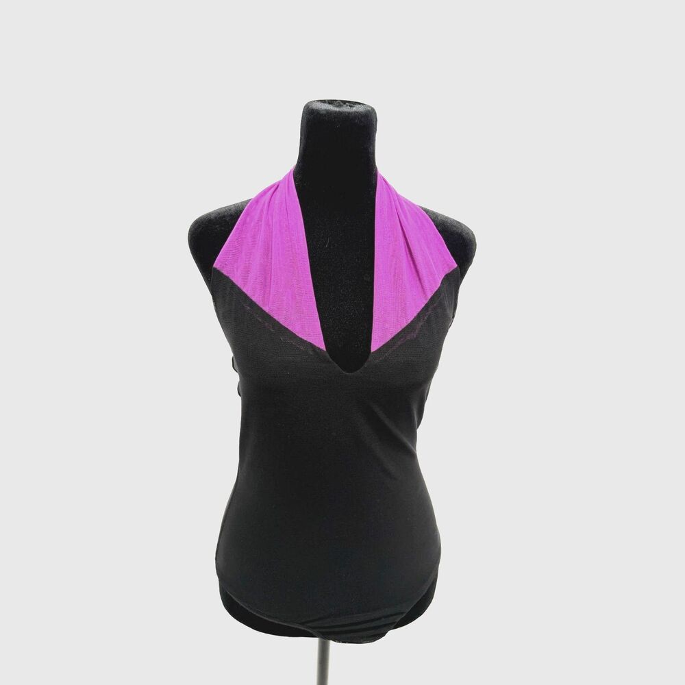 bebe black & purple mesh halter thong body suit